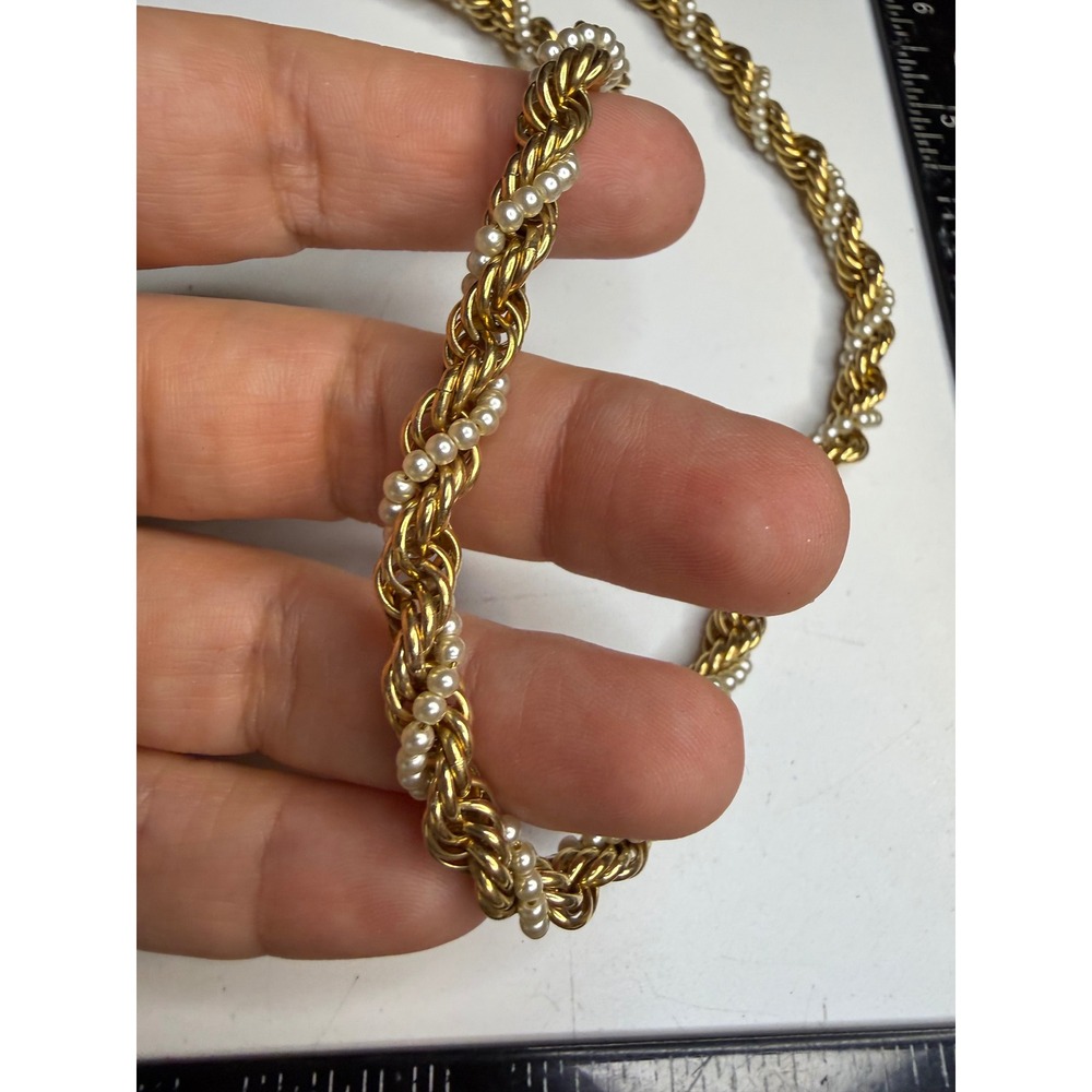 Gold Tone Twisted Rope Chain Necklace with Faux Seed Pearls 18 Inch Classic